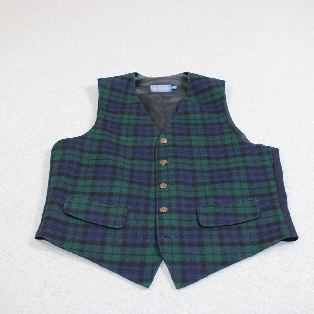 Pendleton Wool Vest Men 40 Green Plaid Gold Buttons Black Watch Heritage US READ